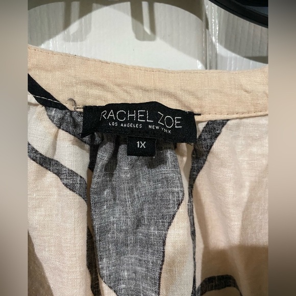 Rachel Zoe Linen Blouse Top Women 1X Black Cream Oversized Puff Sleeve - Picture 4 of 12